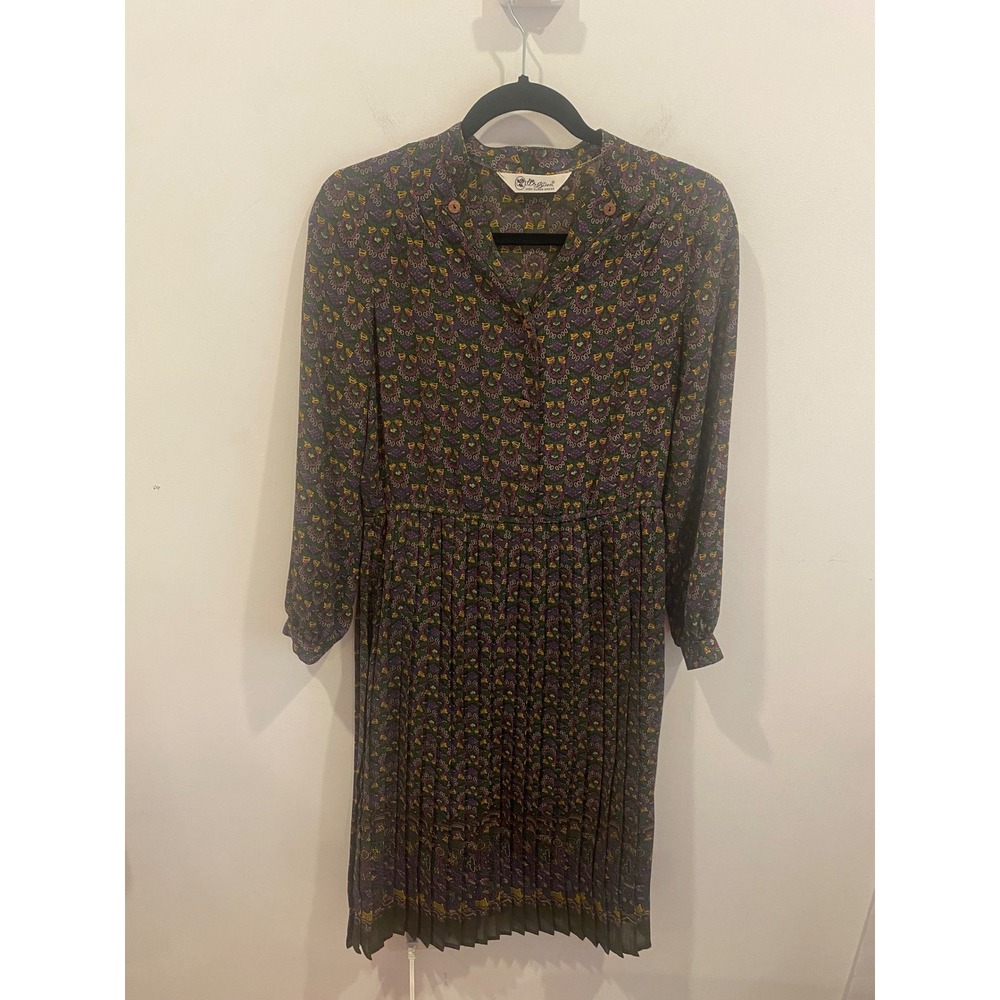 High Class Dress Vintage Pattern Long Sleeve‎ Pleated Midi